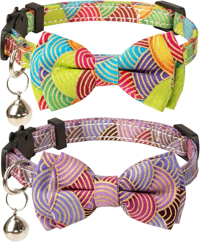 Collar for Cat Pet Breakaway with Bell Bowtie Detachable Bow Adjustable Safety Kitten Puppy Girl Boy 2pcs Kimono-Green & Purple