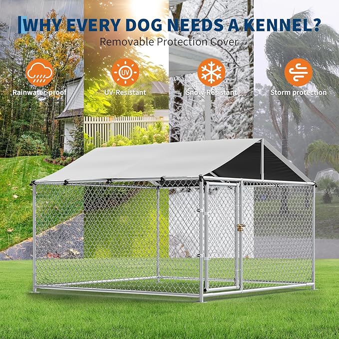 Large Dog Kennel Outdoor with Roof Heavy Duty Dog Enclosure Outside Pet Fence for Yard Dog Boarding Kennel Poultry House Cage Steel Fence with Ground Anchor Secure Lock Farm Training 7.5×7.5×5.5FT