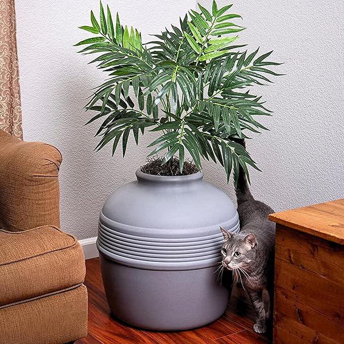 Good Pet Stuff Hidden Litter Box Planter, Decorative Cat Litter Enclosure with Carbon Filter, Artificial Plant, Easy Clean, Indoor Design, Original Round Style, Essentials Kit, Stone Gray