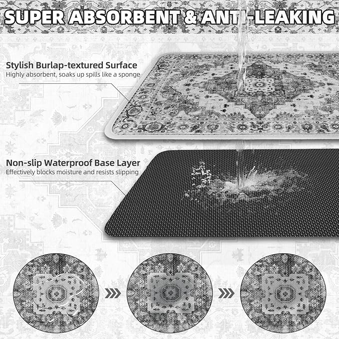 PUPTECK Dog Food Mat, Absorbent Pet Feeding Bowl Mat, Non-Slip Dog Mat for Food and Water, Quick Dry No Stains Cat Placemats Pet Supplies for Messy Drinkers, Grey 12"x20"