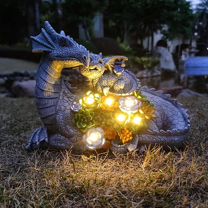 Dragon Solar Garden Statues Outdoor Decoration with Succulent and 6 LED Lights,Dragon Figurine Solar Lights Lawn Décor,Outside Statue Ornament for Patio, Balcony, Yard,Unique Gift for Mom