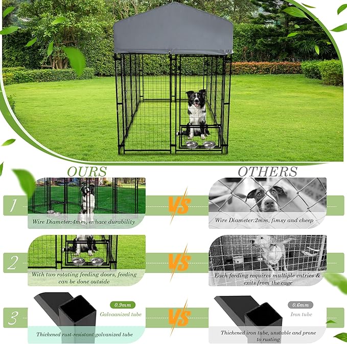 Grepatio Outdoor Dog Kennel for Large Dogs, 8x4x5.7 FT Dog Enclosure with Waterproof, Heavy Duty Welded Wire Steel Dog Playpen Fence with 2 Rotating Dogs Bowls, Outside Dogs Cage Run with Secure Lock