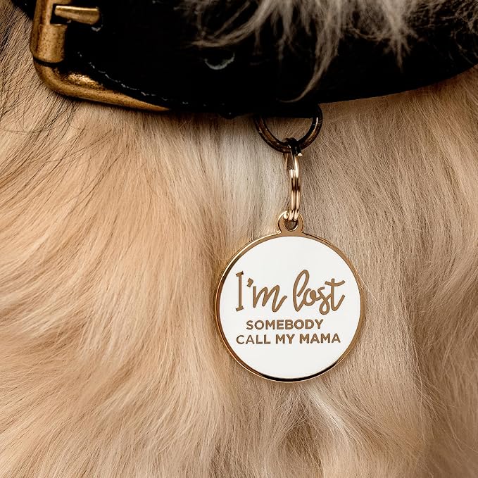 Two Tails Pet Company Dog Tags Personalized “I'm Lost, Somebody Call My Mama” Pet ID Tag - Laser Engraving, Customizable Dog Name Tag, Brass & Enamel