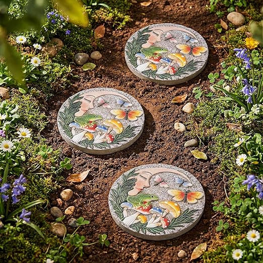Garden Stepping Stones Outdoor, 9.8" Resin Frog Stepping Stone with Moon Butterfly Mushroom, Spring Decorative Round Walkway Gardening Gifts Home Decor for Outside Yard Pathway Patio Lawn
