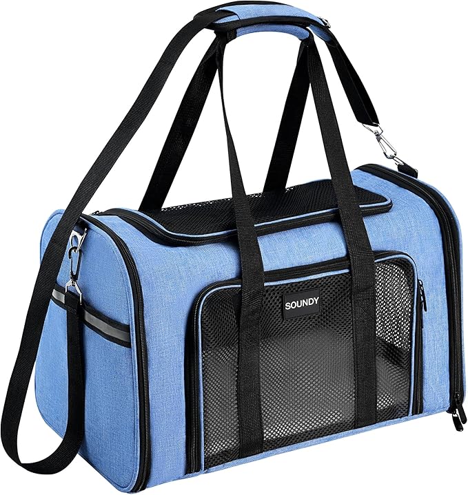 Soundy Large Cat Carrier Dog Carrier Under 25 Lbs,Collapsible Ventilated Portable Pet Bag with Soft Sided Breathable Mesh for Long Car Trips Maxi Load 2 Kittens or Small, Medium Dog (Large Blue)