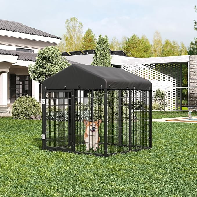 Large Outdoor Dog Enclosure,Heavy Duty Dog Cage with Roof,Galvanized Steel Dog Kennel Fence with Double Safety Locks(4.2'L x 4'W x 4.5'H)