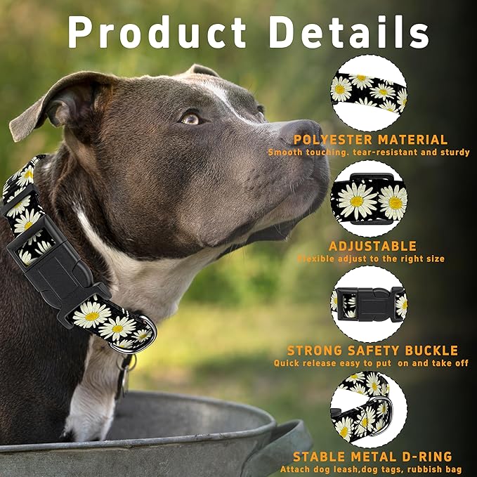 Dog Collar, Daisy Boys Girls Puppy Collar for Small Medium Large Dogs, Adjustable Soft Floral Pet Collar with Safety Buckle for Male Females(Black Daisy,M)