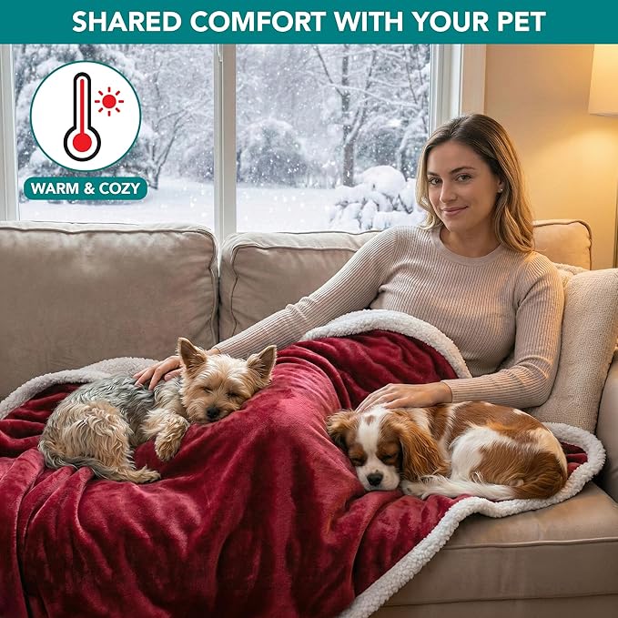 PetAmi Waterproof Dog Blanket for Small Medium Dog Puppy Cat Throw for Couch Cover Leakproof Protection, Sherpa Fleece, Reversible Soft Washable 29x40 Wine Red