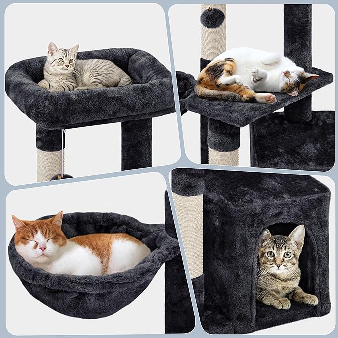 Topeakmart Cat Tree Tower for Indoor Cats, 34.5in Cute Cat Tree Activity Center with Condo & Scratching Post, Multi-Level Cat Climbing Tower Play House w/Large Perch, Platform, Basket, Black