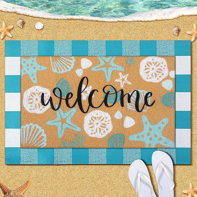 Tinideya 2 Pcs Summer Door Mat Coastal Beach Welcome Non Slip Coir Mats Sea Style Starfish Seashells Ocean Buffalo Plaid Floor Layering Doormats Seasonal for Front Porch Entryway Decor(Summer Beach)