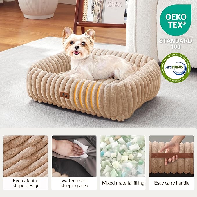 Washable Dog Bed for Small Medium Dogs - Rectangle Orthopedic Corduroy Fleece Pet Bed with Removable Cover and Nonskid Bottom, Calming Puppy Bed Soft Pet Sofa, Camel(20x19x6inchs)