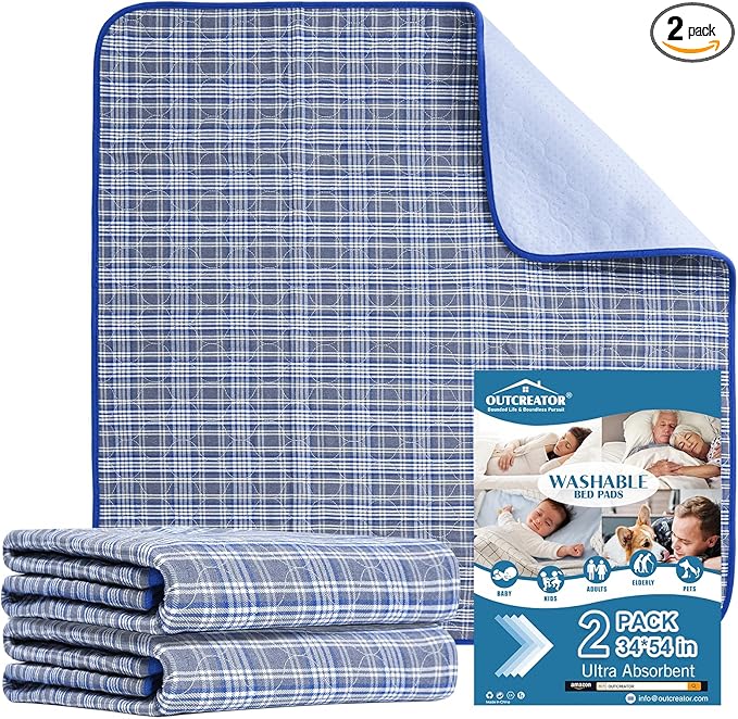OUTCREATOR® Washable Bed Pads 34" x 54" (Pack of 2) for Incontinence Mattress Protector, Reusable Underpads for Elderly, Adults, Kids, Pets with Anti-Slip Bottom (Light Blue Plaid)