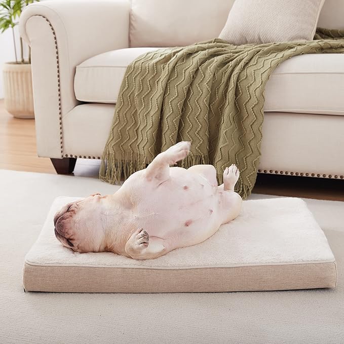 Memory Foam Medium Dog Bed, Cooling Dog Beds for Medium Dogs, Washable Orthopedic Pet Bed for Crate with Joint Relief Memory Foam, Waterproof Liner and Plush Cover (29"x 18", Beige)