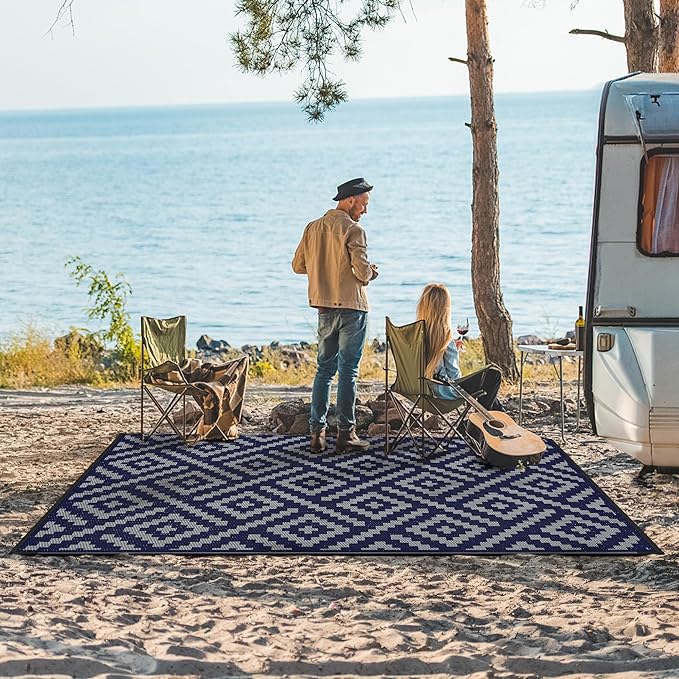 GENIMO Outdoor Rug for Patio Clearance, 5'x8' Waterproof Camping Mat, Reversible Plastic Straw Rugs for RV, Camper, Balcony, Backyard, Picnic, Deck (Blue & Grey)