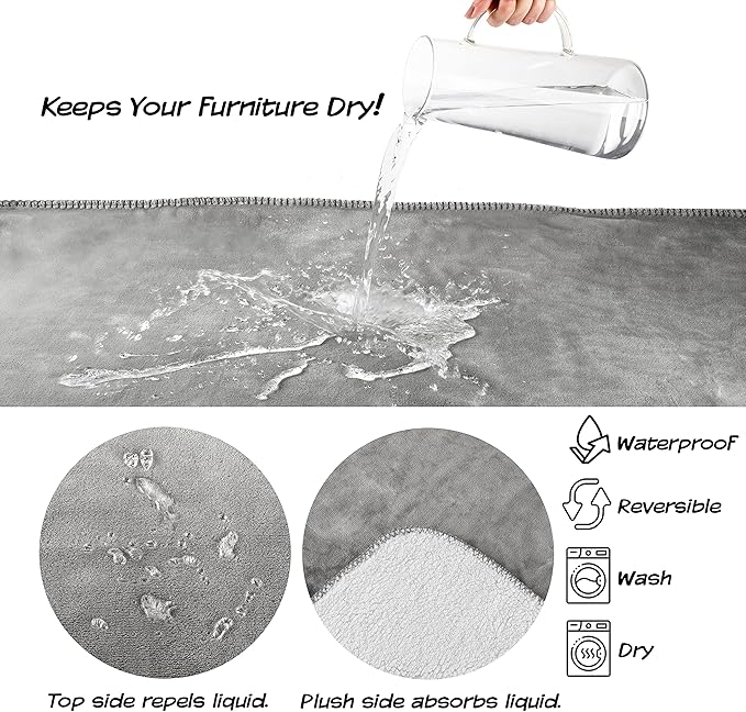 Waterproof Reversible Dog Blanket 60x70 Inches for Couch Bed Car – Soft Sherpa Fleece Pet Throw Furniture Protector Cover - Washable Pet Blanket for Dogs Cats Home Décor by PETMAKER (Gray)