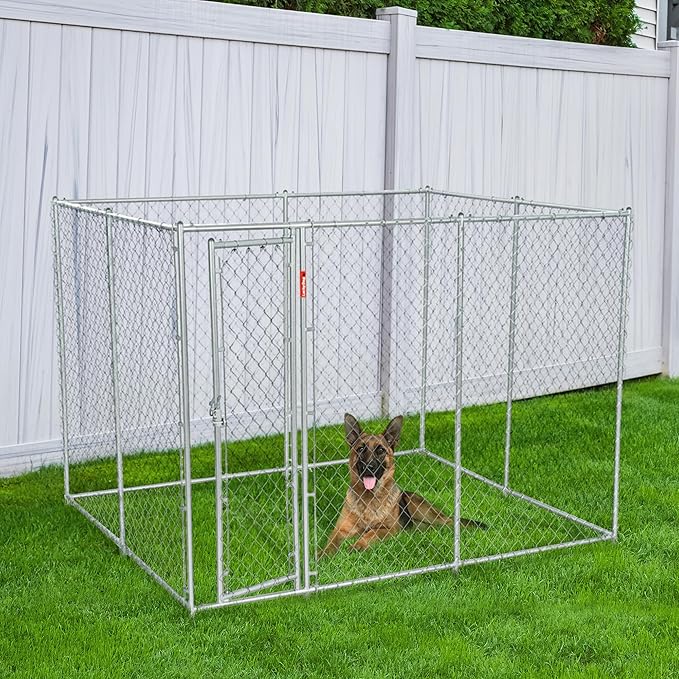Lucky Dog 10' x 10' x 6' Heavy Duty Outdoor Welded Galvanized Steel Chain Link Dog Kennel Enclosure with 2 Configurations and Latching Door, Silver