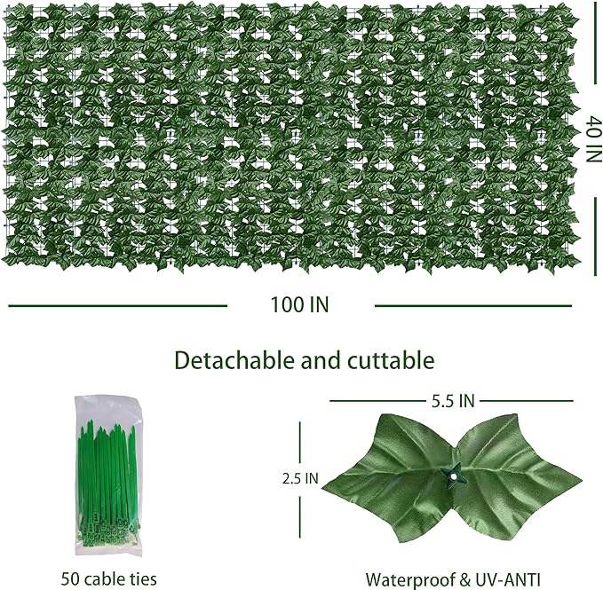 Artificial Ivy Privacy Fence Wall Screen: 40X100 in UV-Anti Faux Greenery Backdrop Ivy Vine Leaf Hedges Fence Panels for Patio, Balcony, Garden, Backyard Indoor Outdoor Green Decor