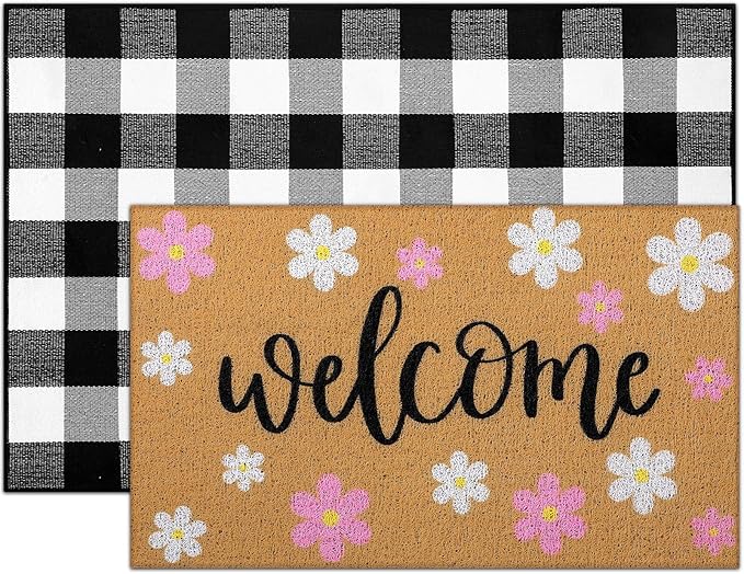 Tinideya 2 Pcs Spring Welcome Door Mat Outdoor Pink Flower Doormats for Front Door Non Slip Floral Layered Coir Mat Black White Check Spring Rug for Outside Front Porch Entryway Decor