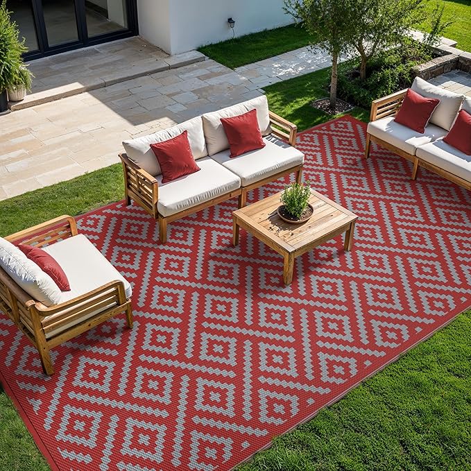GENIMO Outdoor Rug for Patio Clearance, 10'x20' Reversible Plastic Straw Rugs, Lightweight Waterproof RV Camping Mat for Camper, Balcony, Deck, Backyard, Picnic, Red Grey