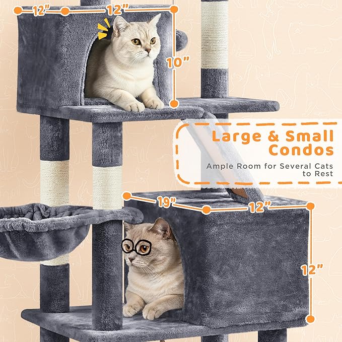 Yaheetech Cat Tree, 82.5in Large Tower w/Hammock, 2 Kitty-Ear Perches, 2 Cozy Condos, Scratching Posts, Basket, Furniture for Large Cats, Kittens, Dark Gray
