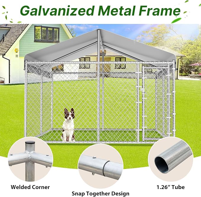 HITTITE Extra Large Outdoor Dog Kennel, 10x10x6.56ft Anti-Rust Dog Kennel Outside with Roof, Galvanized Chain Link Dog Runs for Outside with Secure Lock