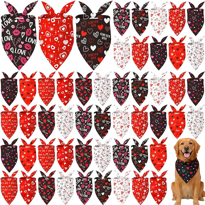 Weewooday 50 Pcs Valentine's Day Dog Bandanas Bulk for Dogs Soft Bibs Adjustable Triangle Heart Lips Bandana for Small Medium Large Pet Costume(Valentine, 31.5 x 21.7 X21.7 Inch)