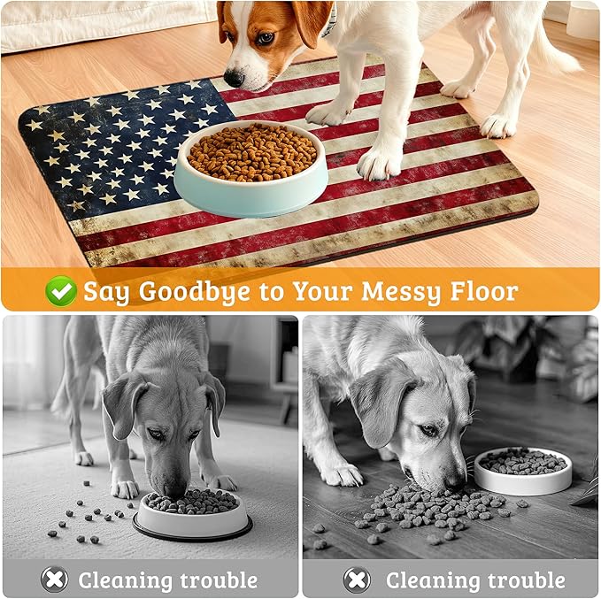 Retro Flag Dog Cat Food Mat,Absorbent Waterproof Placemat for Food and Water Non Slip Rubber Backing Durable Feeding Pad for Clean Floors 16" x 24"