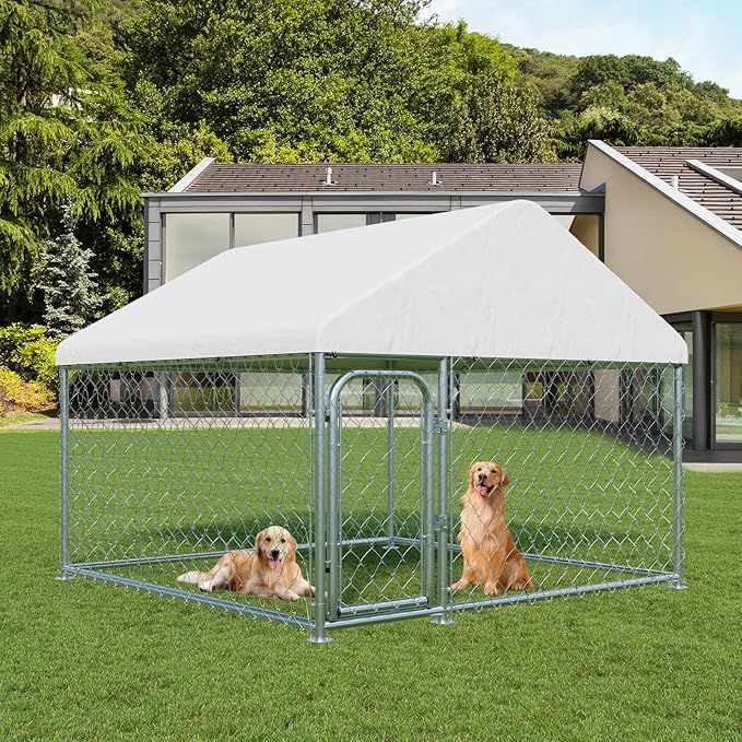 LotFun Large Outdoor Dog Kennel, 6.6 x 6.6 FT Heavy Duty Dog Enclosure with Chain Link Fence, UV-Resistant Canopy Cover, Double Lock Security (6 x 6 x 5 in)