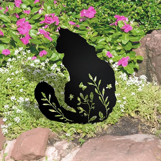 Maine Coon Cat Garden Stake - Elegant Black Cat Statue with Floral Design for Outdoor Decor, Pet Memorial Gifts, and Yard Art, Decorative Metal Cats Grave Markers for Lawn and Garden, Cats Lover Gifts