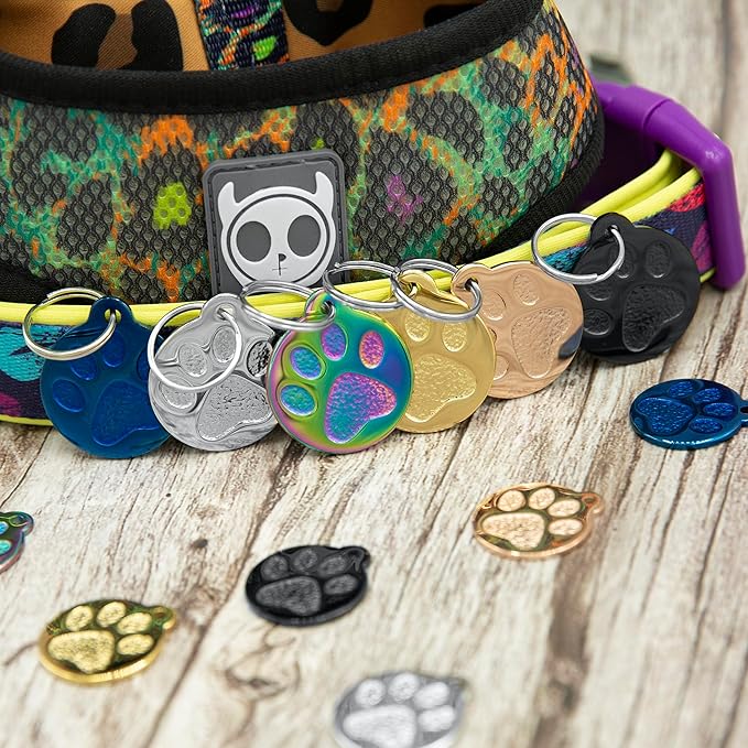 Engraved Pet Tag for Dogs and Cats - Personalized Front & Back up to 4 Lines of Text Custom Engraved ID, Round Paw Print Solid Plating Stainless Steel Rose Gold Small