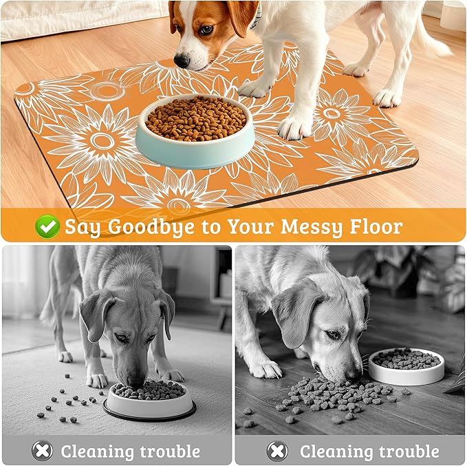 Retro Geometric Aesthetic Dog Food Mat,Orange Absorbent Pet Feeding Mat for Food and Water Bowl,Quick Dry Dog Placemat Non Slip Rubber Backing Waterproof Pet Supplies 12" x 20"