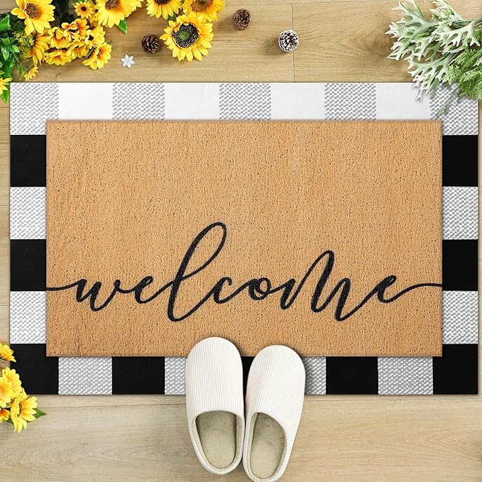 Tinideya 2 Pcs Door Mat Welcome Non Slip Coir Mats Floor Layering Doormats Seasonal for Front Porch Entryway Decor(Welcome)