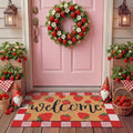 Tinideya 2 Pcs Strawberry Door Mat Fruit Pattern Design Welcome Non Slip Coir Mats Red and White Plaid Floor Layering Doormats Seasonal for Front Porch Entryway Decor(Strawberry)