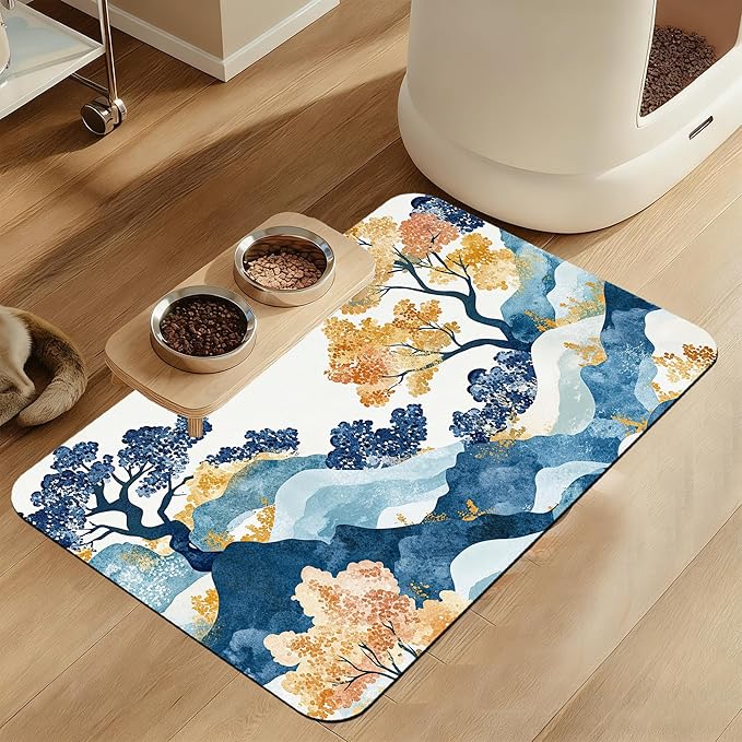 Japanese Wave Tree Dog Food Mat–Christmas Stocking Absorbent Quick Dry Feeding Placemat for Food and Water Bowls, Non Slip Rubber Backing, Waterproof Pet Supplies for Mess-Free Eating 16"x24"