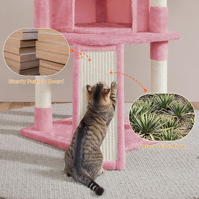 Yaheetech Cat Tree, 42in Play Tower for Indoor Cats, Kitten House with Large Perch & Scratching Posts & Cozy Condo & Scratching Ramp, Cat Furniture Activity Center, Pink
