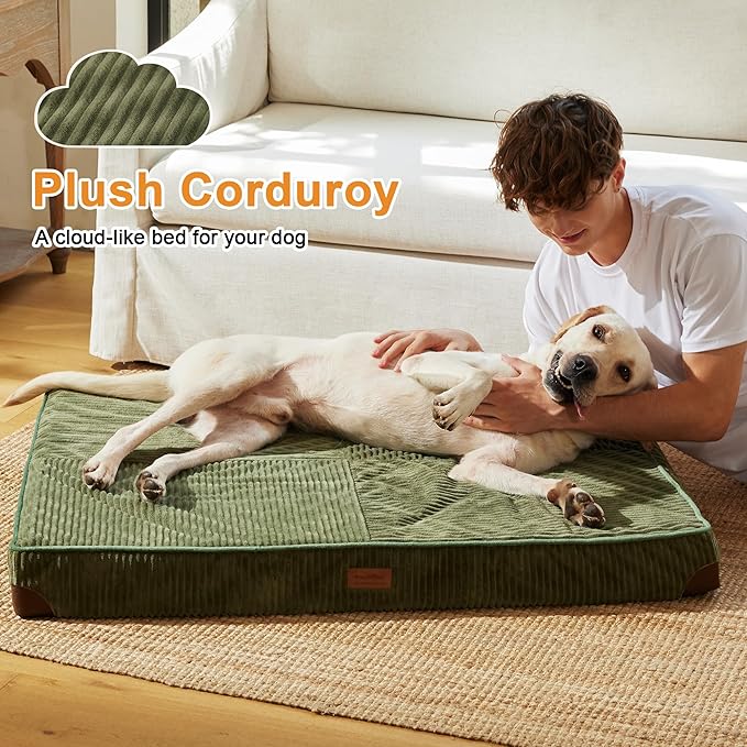 FUKUMARU Dog Bed, Thickened Corduroy Orthopedic Dog Beds with Washable Cover, XL Waterproof Dogs Bed for Crate, 28D Egg Crate Foam Support Pet Mat, Cozy Pet Bed Pad with Anti-Slip Bottom, Green