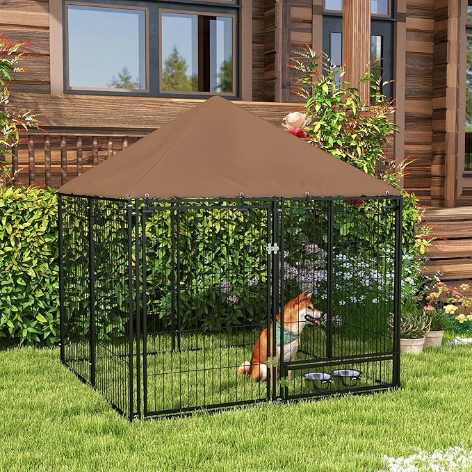 PawHut Outside Dog Kennel, 4.6' x 4.6' x 5' Puppy Play Pen with Canopy, Garden Playpen Fence Crate Enclosure Cage Rotating Bowl, for Dogs, Chickens, Ducks, Black