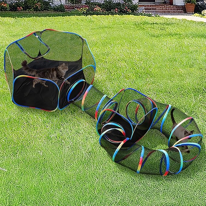 Outdoor Cat Enclosure - 4-in-1 Portable Cat Tunnels with Tent, Cube, Collapsible Catio for Cat Run Outside, Pop up Enclosed Playground for Indoor Cats, Kitty & Small Animals
