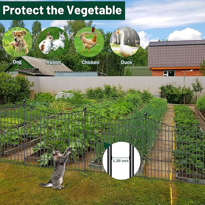 5 Panels Decorative Garden Fence with Gate, 32 in(H) X 12 ft(L) No Dig Dog Fence Animal Barrier Outdoor for Yard, Rustproof Metal Garden Edging and Borders, Temporary Fencing Stakes