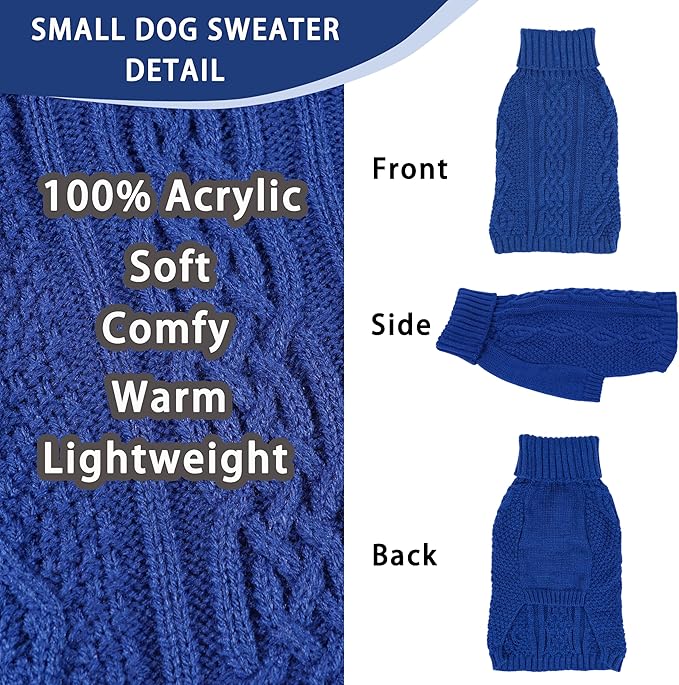 Dog Sweaters Small Dog Clothes Winter Turtleneck Puppy Sweater Warm Pet Cat Sweater Doggy Pullover Outfit with Twisted Design XS~XL(Navy Blue, Medium)