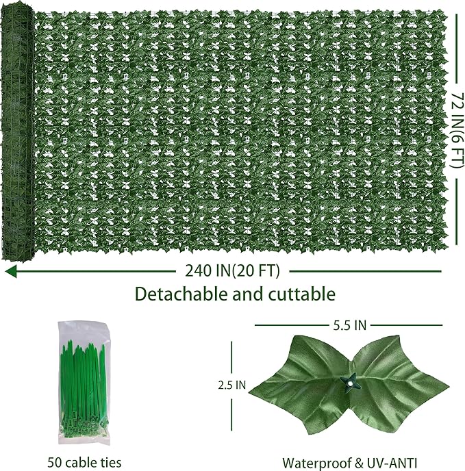 Artificial Fence Privacy Screen: 6FT x 20FT UV-Anti Faux Greenery Backdrop Ivy Chain Link Shades Panels for Patio, Balcony, Garden,Deck,Backyard Indoor Outdoor Green Wall Decor