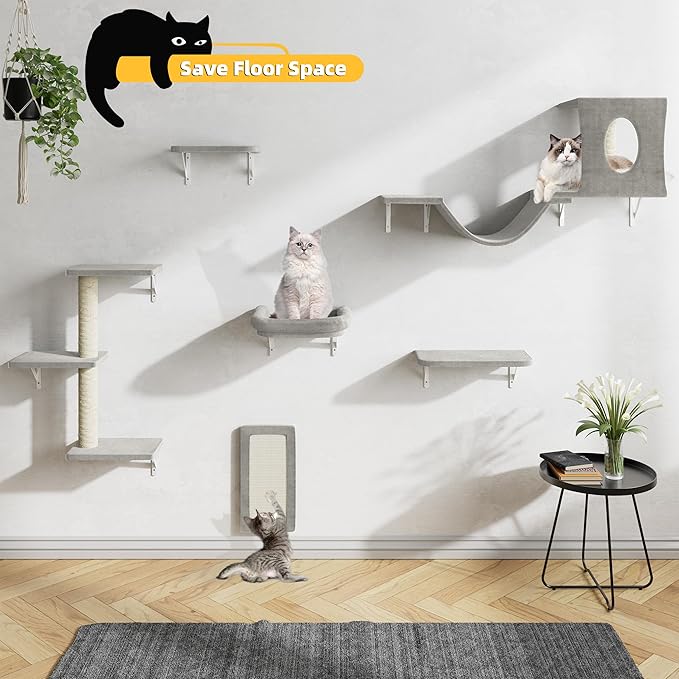 NUNU LAB Wall Mounted Cat Climber Set, 6 Pcs Cat Furniture Set with House, Bridge, Steps, Scratcher Board and Hammock, Shelves for Indoor, Luxury Walls Furniture(Gray)