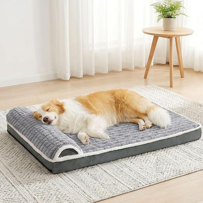 Orthopedic Jumbo Dog Bed Large Sized Dog with Pillow 56''X40'' Waterproof Soft Comfortable Egg Crate Foam Pet Crate Beds Mat with Removable Washable Cover and Non-Slip Bottom, Gray