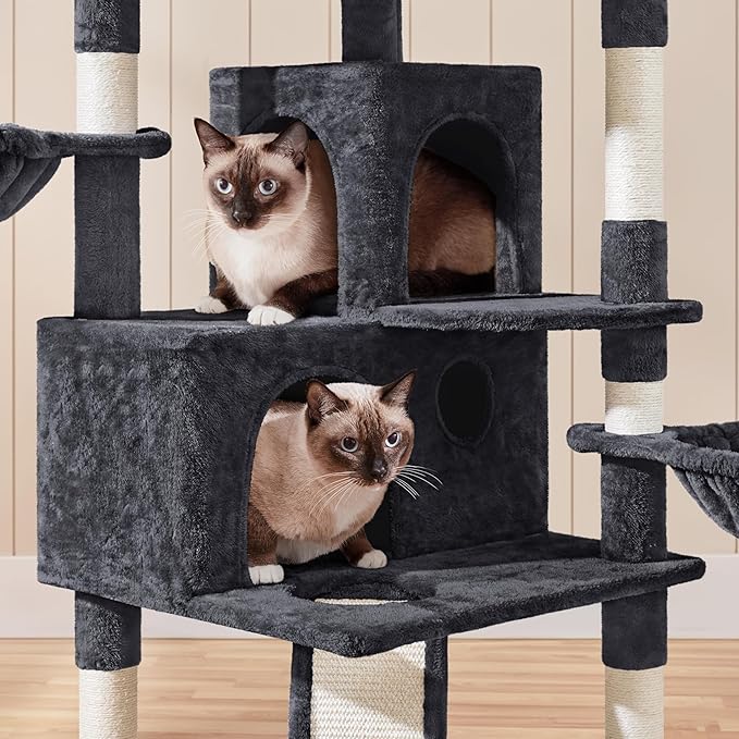 Yaheetech 76.5in Multi-Level Large Cat Tree, Big Cat Tower with 3 Condos, Cozy Plush Perches, 9 Sisal Scratching Posts and Ladder, Activity Center for Large Kitties, Black