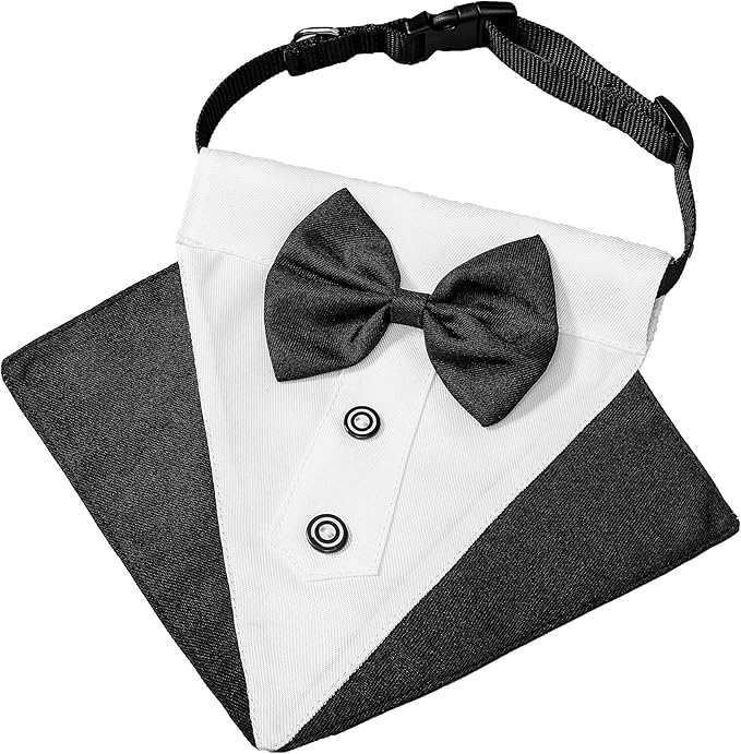 ADOGGYGO Formal Dog Tuxedo Wedding Puppt Bandana Collar with Bow Tie, Adjustable Pet Bowtie Collar Bandana for Small Dogs (Small)