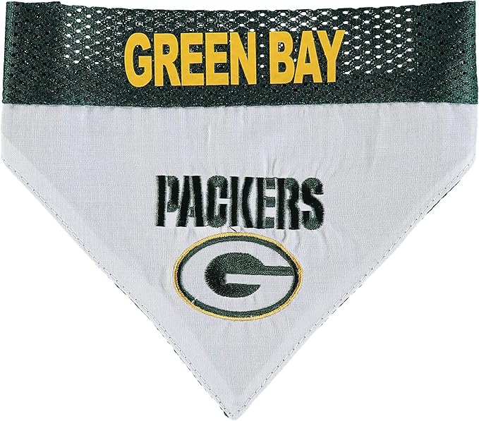 Pets First NFL DOG BANDANA - GREEN BAY PACKERS REVERSIBLE PET BANDANA. 2 Sided Sports Bandana with a PREMIUM Embroidery TEAM LOGO, Small/Medium. - 2 Sizes & 32 NFL Teams available
