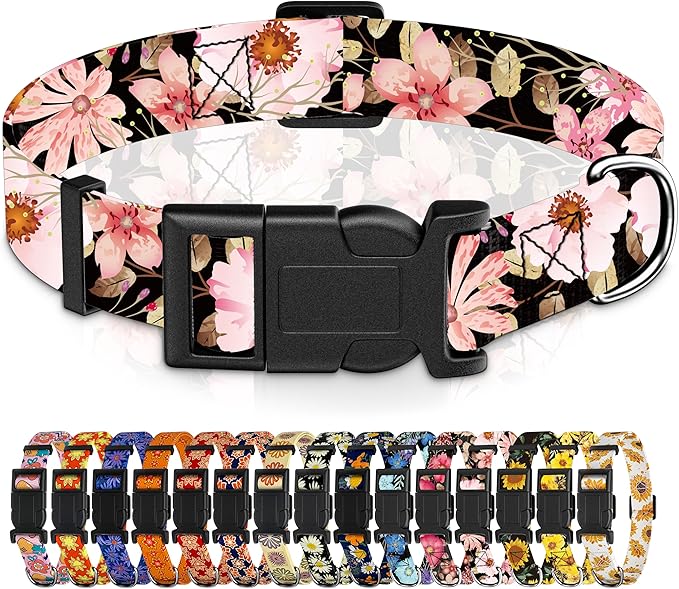 Dog Collar for Boys Girls, Floral Puppy Collar for Small Medium Large Dogs, Adjustable Floral Pattern Soft Pet Collar with Safety Buckle for Male Females(Light Pink,M)