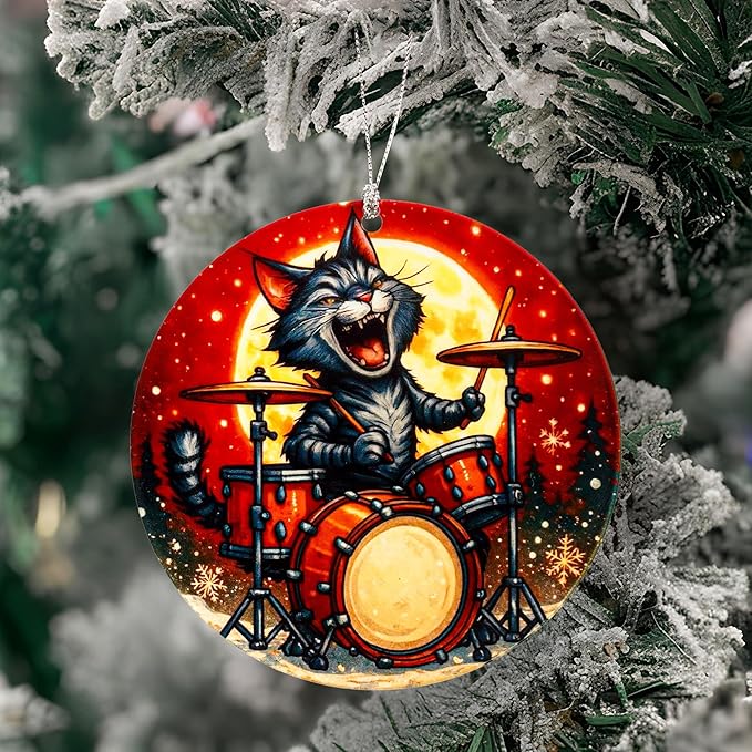 Cat Ornaments for Christmas Tree, Christmas Ornaments 2025, Funny Cat Ornament Playing Drums, Music Lover Gift for Women and Cats Lovers, Unique Funny Christmas Ornaments for Adults Decor