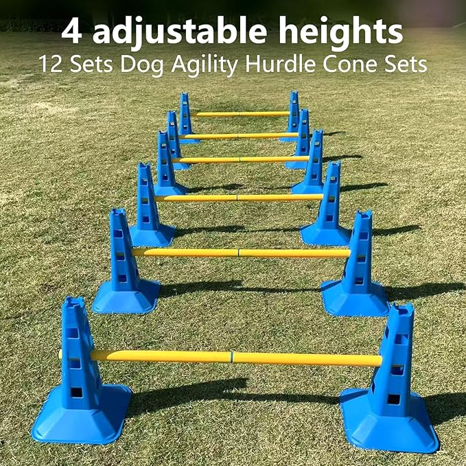Dog Agility Hurdle Cone Set, Adjustable Height Dog Agility Course for Backyard Training, 12 Cones with PVC Crossbar, 4 Height Levels (12 Pack)