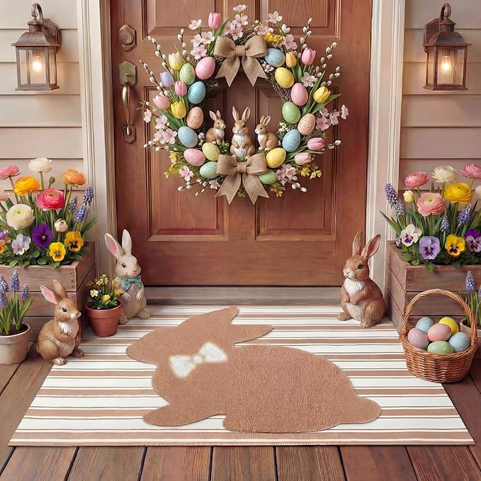 Tinideya 2 Pcs Bunny Door Mat Rabbit Welcome Non Slip Coir Mats Brown and White Stripe Floor Layering Doormats Seasonal for Front Porch Entryway Decor(Rabbit)